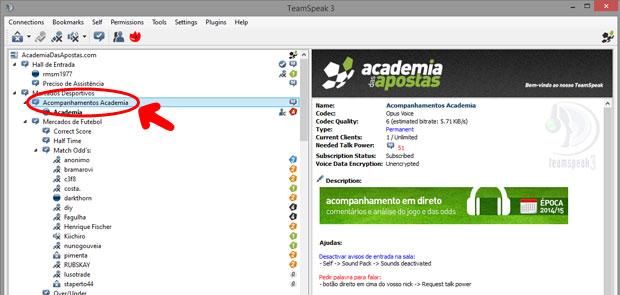 TeamSpeak entrar no canal do Acompanhamentos Academia