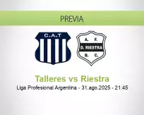Pronóstico Talleres Riestra (31 agosto 2025)